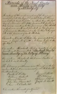 A photograph of Albany UU's founding document from 1842