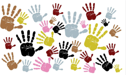 Graphic on white background of many brown, black, pink, taupe, and blue-grey hands of different sizes