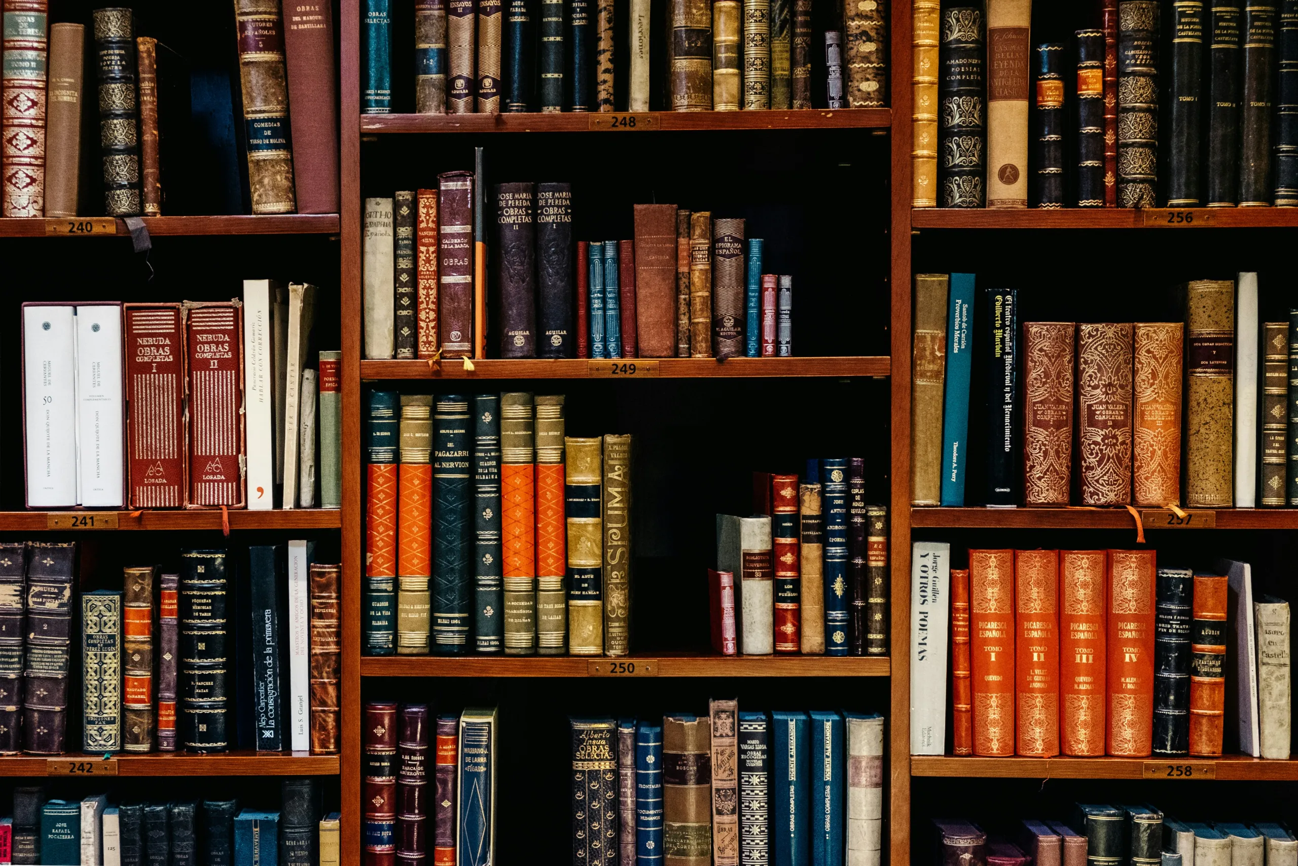 Rows of antique leather-bound books on library shelves