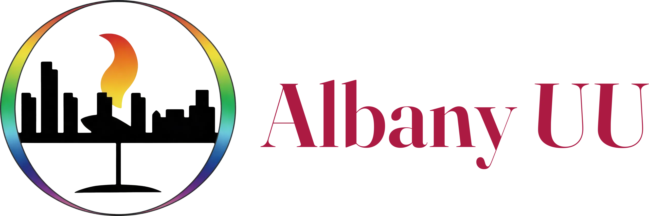 Albany UU logo with a flaming chalice icon and 'Albany UU' wordmark in dark red text