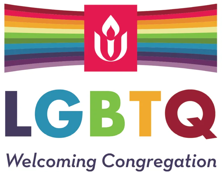 LGBTQ Welcoming Congregation logo with a rainbow flaming chalice