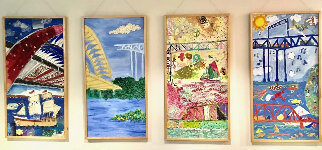 An abstract geometric four-panel painting