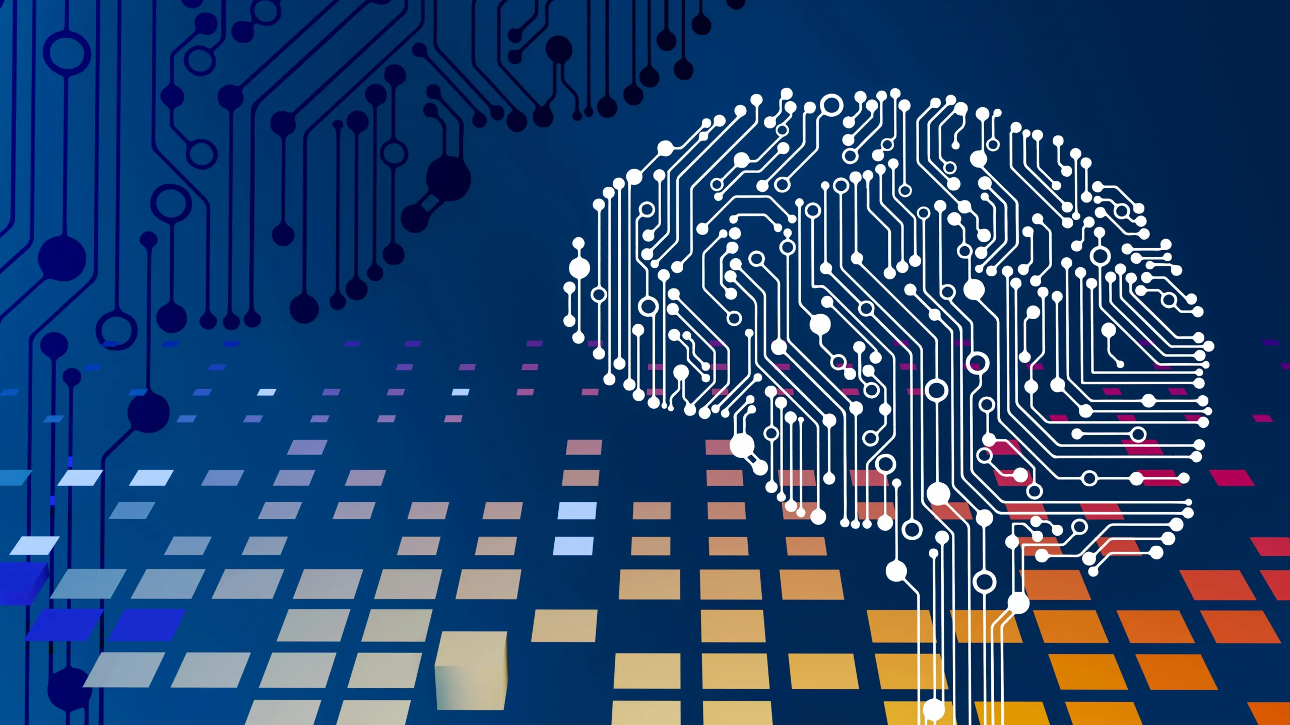 A digital illustration of a brain made of circuit patterns on a blue background