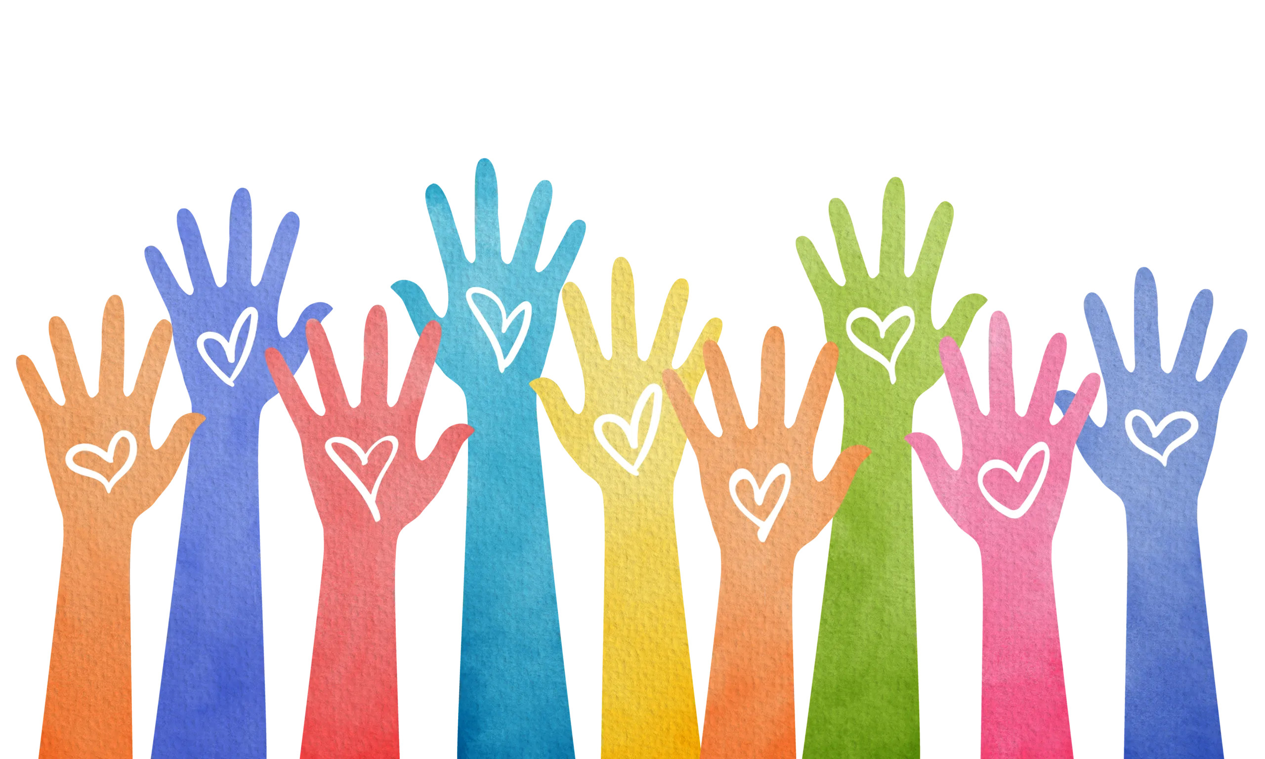 Illustration of many raised hands in different colors, each with a heart drawn on the palm
