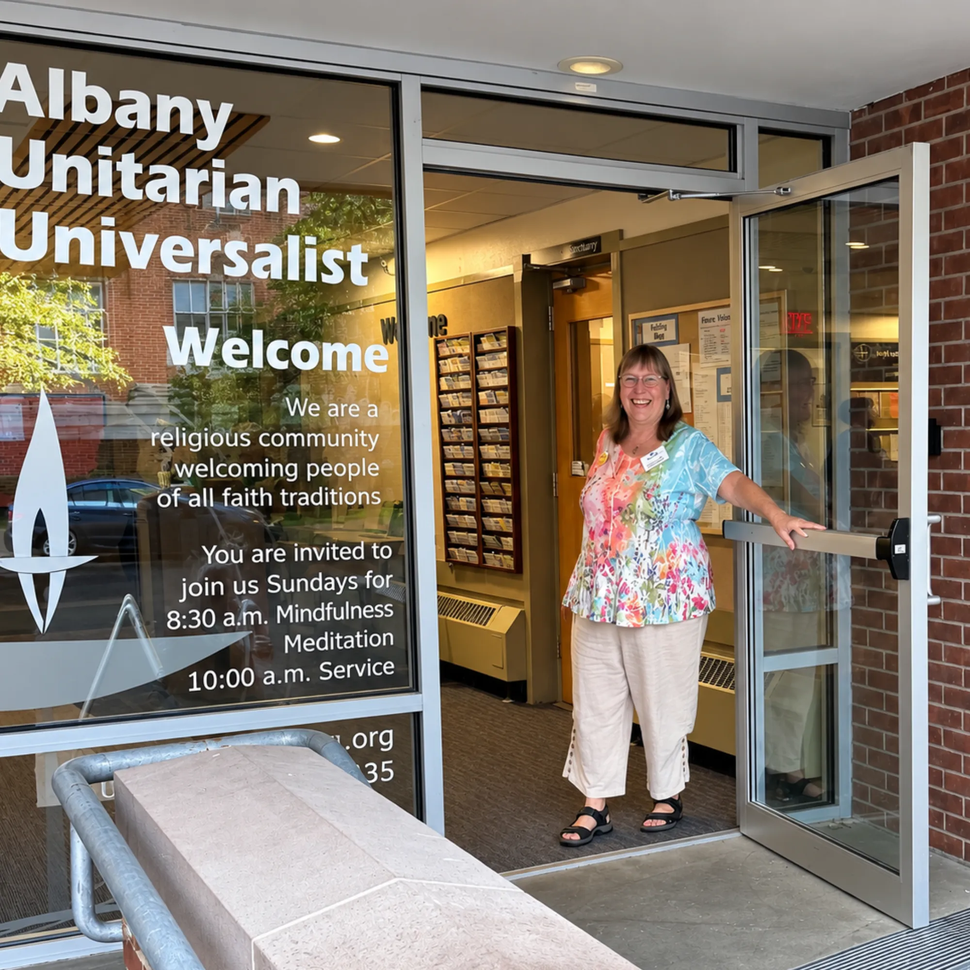 A greeter smiling at the open entrance doors of Albany Unitarian Universalist