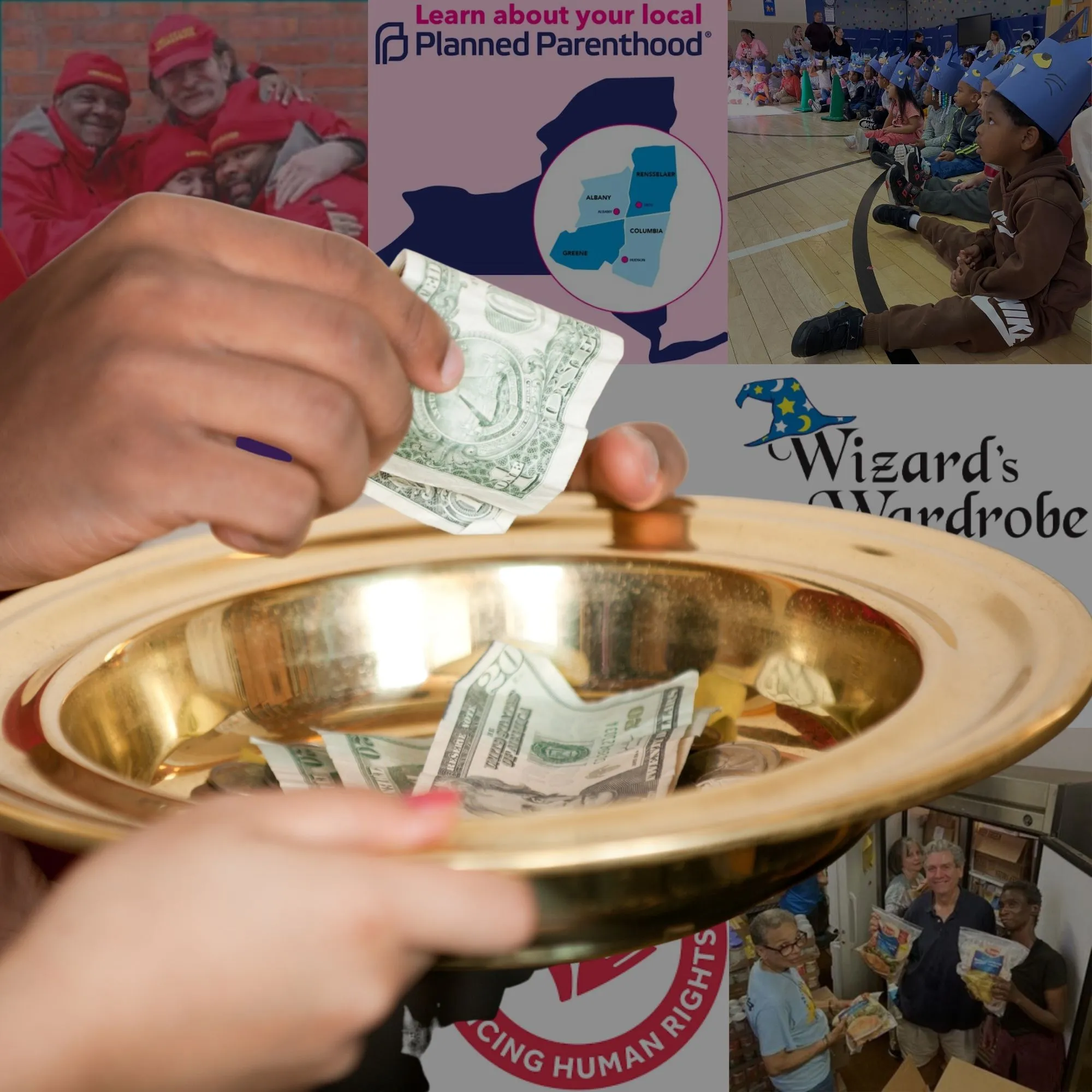Collage of community outreach photos including volunteers, a Planned Parenthood map, children at an event, an offering plate, and a food pantry